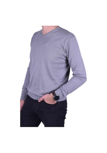 Regular Fit Gri Erkek Pamuklu Düz Triko Kazak, Ot-Kzk-20010