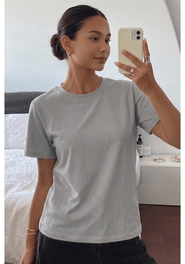 Genıus Store Kadın Tişört Gri Bisiklet Yaka Basic Tişört %100 Pamuk Rahat Kalıp T-shirt Basıc-kadın