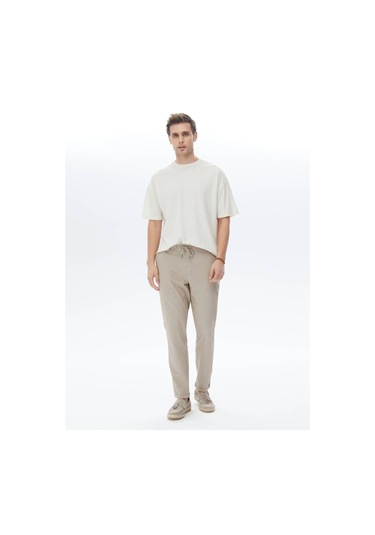 Bej Jakarlı Bisiklet Yaka Keten Karışımlı T-shirt Bej