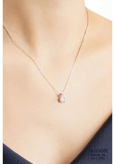 So Chic Mozanit Dokunuşu 18 Ayar Beyaz Altın Kaplama 45 Cm Gümüş Tektaş Kolye Rodyum