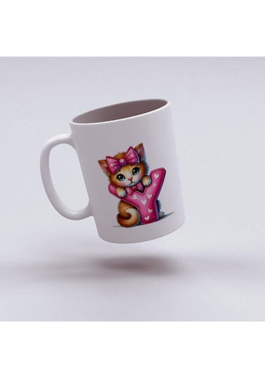 Y Harfli Bardak, Sevimli Kedili Pembe Tasarım Bardak, Arkadaşa Aileye Hediye Porselen Beyaz