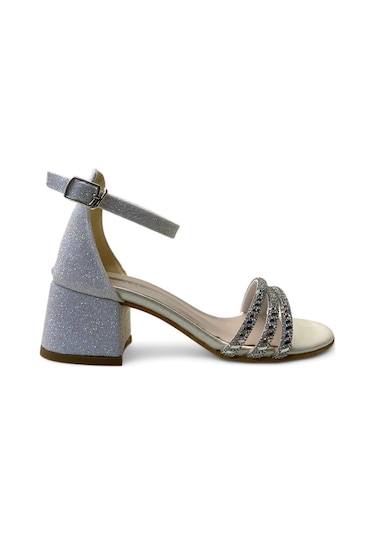 792 Kız Çocuk Topuklu Abiye Ayakkabı Sedef Simli Beyaz