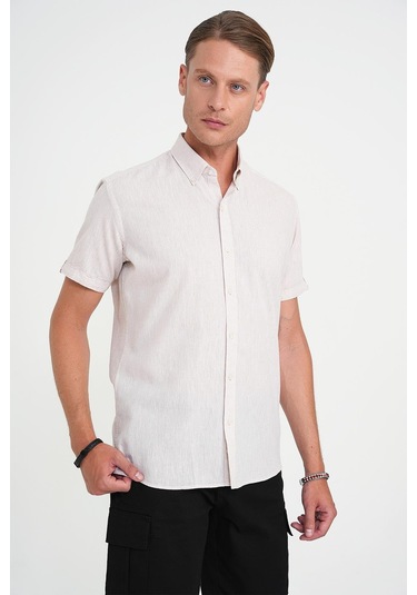 Comfort Fit Düğme Yaka Kısa Kol %100 Keten Düz Bej Gömlek G 1596 Bej