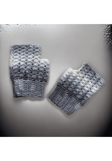 Tığ İşi Otantik Gri Beyaz Renk Dokulu Şık Ve Sıcak Yün El Örgüsü Eldiven Beyaz - Gri