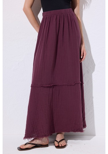 Müslin Katlı Geniş Etek Mürdüm Mürdüm