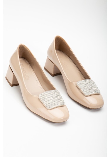 Büyük Numara Rugan Kare Taşlı Ten Kadın Kısa Topuklu Ayakkabı-3148-ten Ten