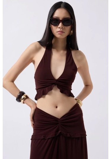 Düğüm Detay Fırfırlı Crop Kahverengi