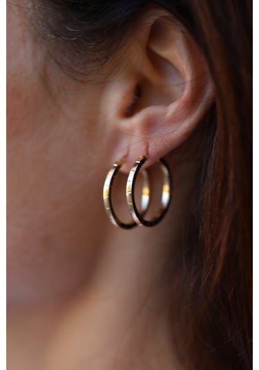 14 Ayar Altın Çizgi Detaylı Geniş Halka Küpe-2 Kp10485