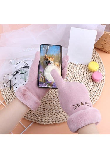 Dokunmatik Ekran Kadife Kalın Soğuk Önleyici Peluş Kürklü Eldiven 001