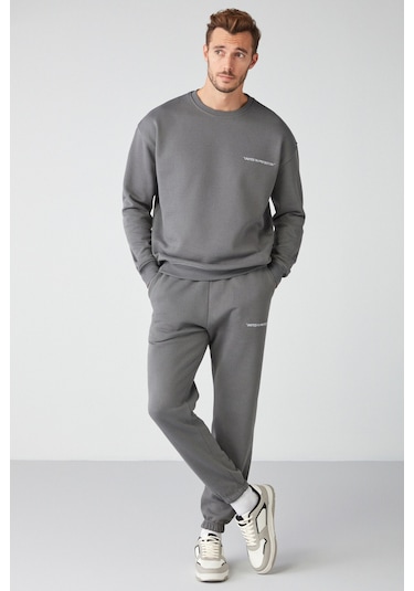 Marshall Erkek Pamuklu Içi Polarlı Nakışlı Relaxed Gri Eşofman Takımı