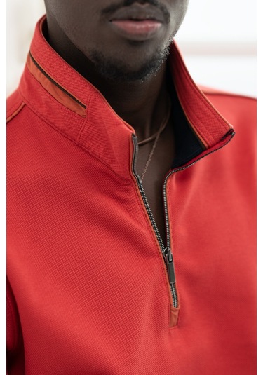 San&Fa Regular Fit Biyeli Fermuarlı Dik Yaka Armürlü Pamuklu Sweatshirt Nar Çiceği