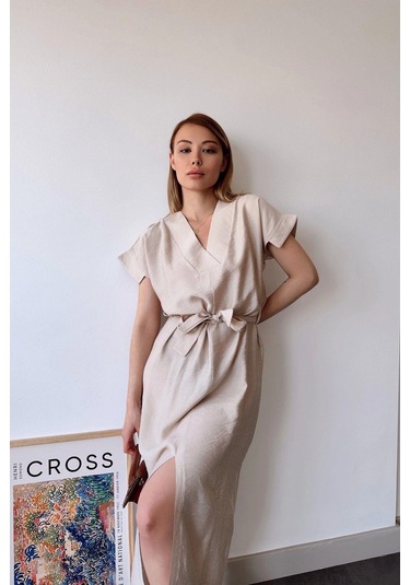 Kadın Taş Kısa Kol, V Yaka, Düz Renk Desen, Basic Kalıp/kesim, Aerobin Kumaş, Kuşaklı Maxi Elbise Taş