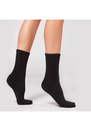 Lemestar Siyah Düz Dikey Çizgili Koluş Çoraplar - Orta Boy Bacak Çorapları 1 Adet - 95% Poliester 5% Spandex Siyah