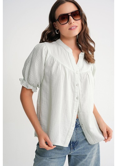 4725 Kadın Büzgü Robalı Kolu Fırfırlı Müslin Gömlek Adaçayı Adaçayı
