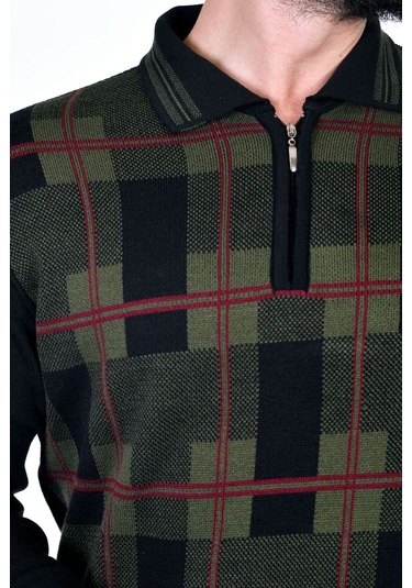 Kamalı Erkek Çelik Örgü Oduncu Desenli Gömlek Yaka Fermuarlı Polo Yakalı Tüylenmez Triko Kışlık Baba Kazak Siyah