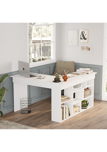 Corner Kitaplık Raflı Çalışma Masası Çam-antrasit Cor5-w Beyaz