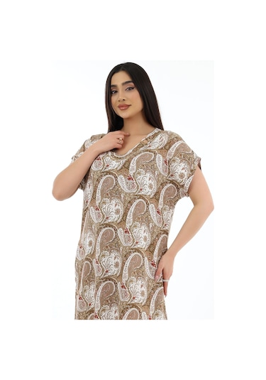 Schık Kadın Viskon Yarım Kol V Yaka Halkalı Cepli Elbise Kahve Kahverengi