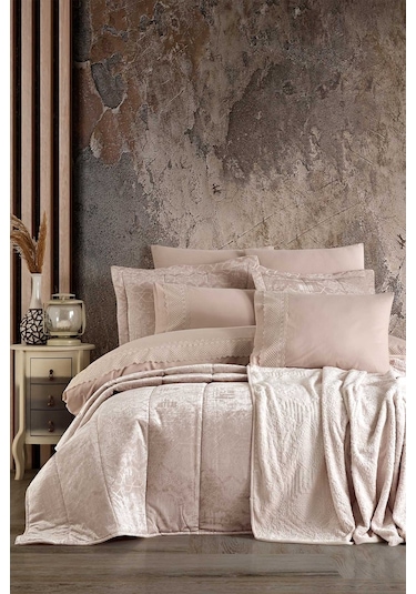 Elart Çeyiz Paketi 10 Parça Yatak Örtüsü+nevresim Takımı+battaniye Nüans Ekru