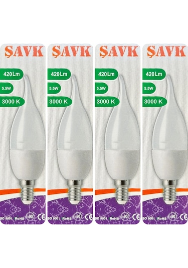 4 Adet Şavk 5,5w 37w Sarı Işık 3000k E14 Duylu İnce Duy Led Kıvrık Ampul