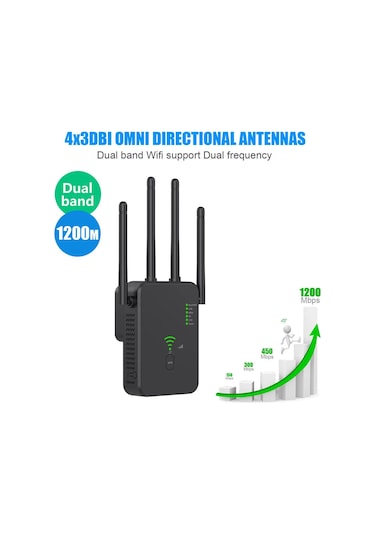 1200 Mbps Kablosuz Wifi Tekrarlayıcı Wifi Sinyal Güçlendirici Çift Bantlı 2.4g Black Bize Fiş