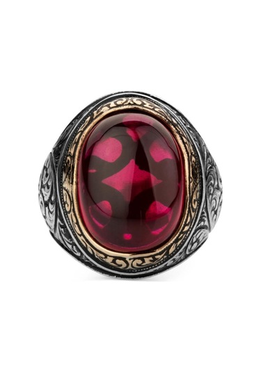 Yakut Ruby Taşlı Kalem Işleme Desenli Gümüş Erkek Yüzük