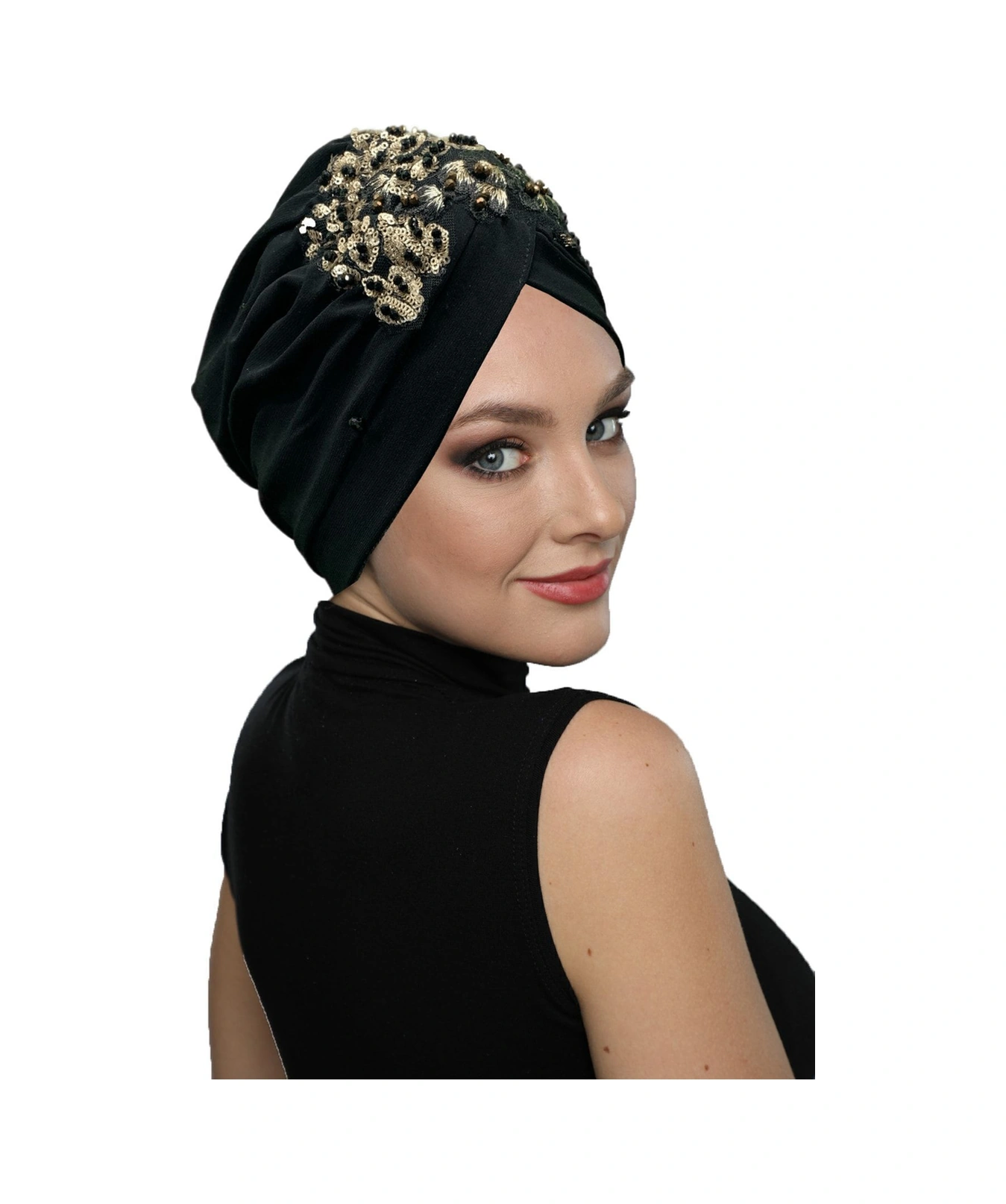 Kopma Astarlı Işlemeli Siyah Sırma Motifli Hazır Türban Tesettür Abiye Bone Siyah Sırma