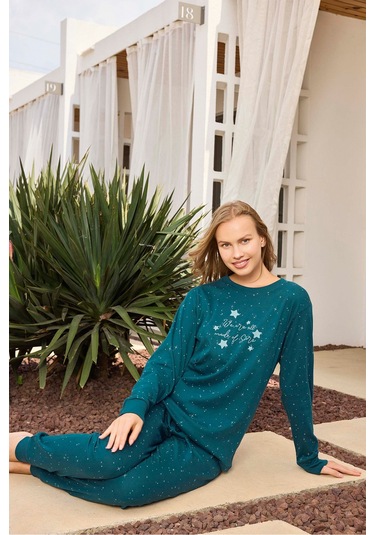 Aydoğan Kadın Lavin Ribana Manşetli Teal Renk Koton Pijama Takım 0524 Yeşil