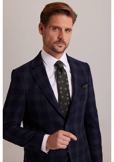 Erkek Lacivert Yeşil Kışlık Yünlü Regular Fit Ekose Desenli Ceket 001