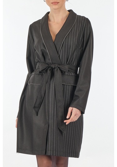 Unique Mode V Yaka Çizgili Uzun Kollu Siyah Kadın Elbise Uw233503 001