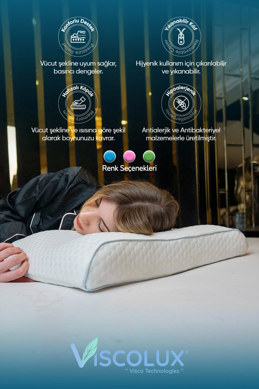 Bombeli Lüx Boyun Destekli Ortopedik Yastık Anti-aging Visco Yastık 57x42x13/11 Mavi