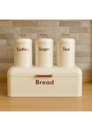 4 Lü Mutfak Seti Ekmeklikçay Kahve Şekerlik Krem 43x20 Krem