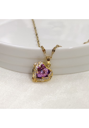 Çelik Mor Taşlı Kalp Kolye 1,5 Cm Beyaz