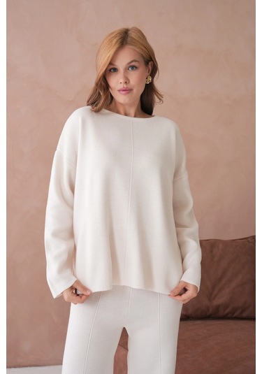 Kadın Bisiklet Yaka Düşük Kol Kazak Pantolon İkili Triko Takım Taş