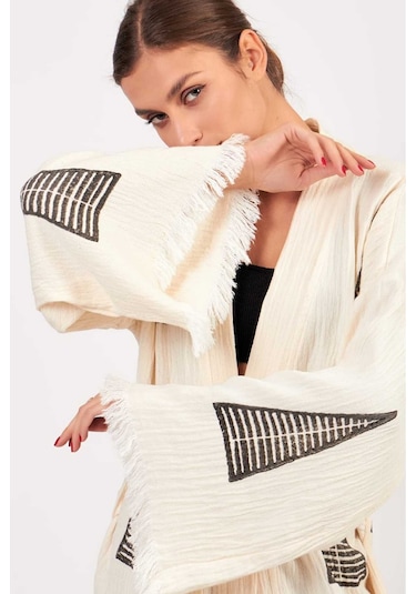 Befera Müslin Kimono Pamuklu Piramit Desenli Bornoz Kaftan Sabahlık Ekru