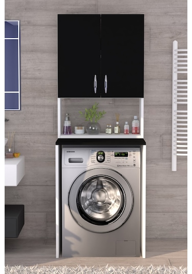 Üst Dolaplı Çok Amaçlı Çamaşır Makinesi Dolabı Siyah Beyaz
