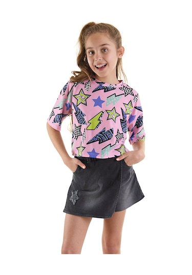 Denokids Mushi Yıldız Ve Şimşek Kız Çocuk T-shirt Denim Şort Takım Çok Renkli
