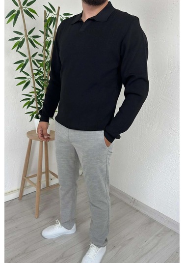 Explode - Erkek Siyah Polo Yaka Regular Triko Kazak Siyah