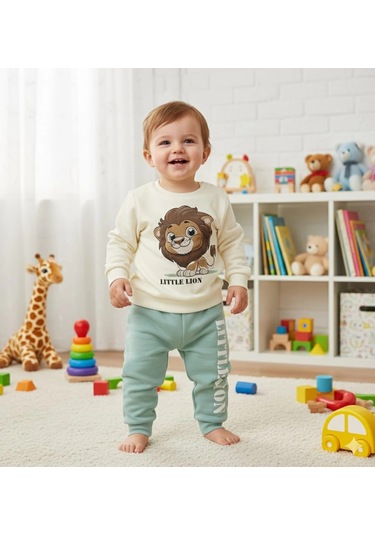 Erkek Bebek Aslan Baskılı Alt Üst İkili Gündelik Takım Yeşil