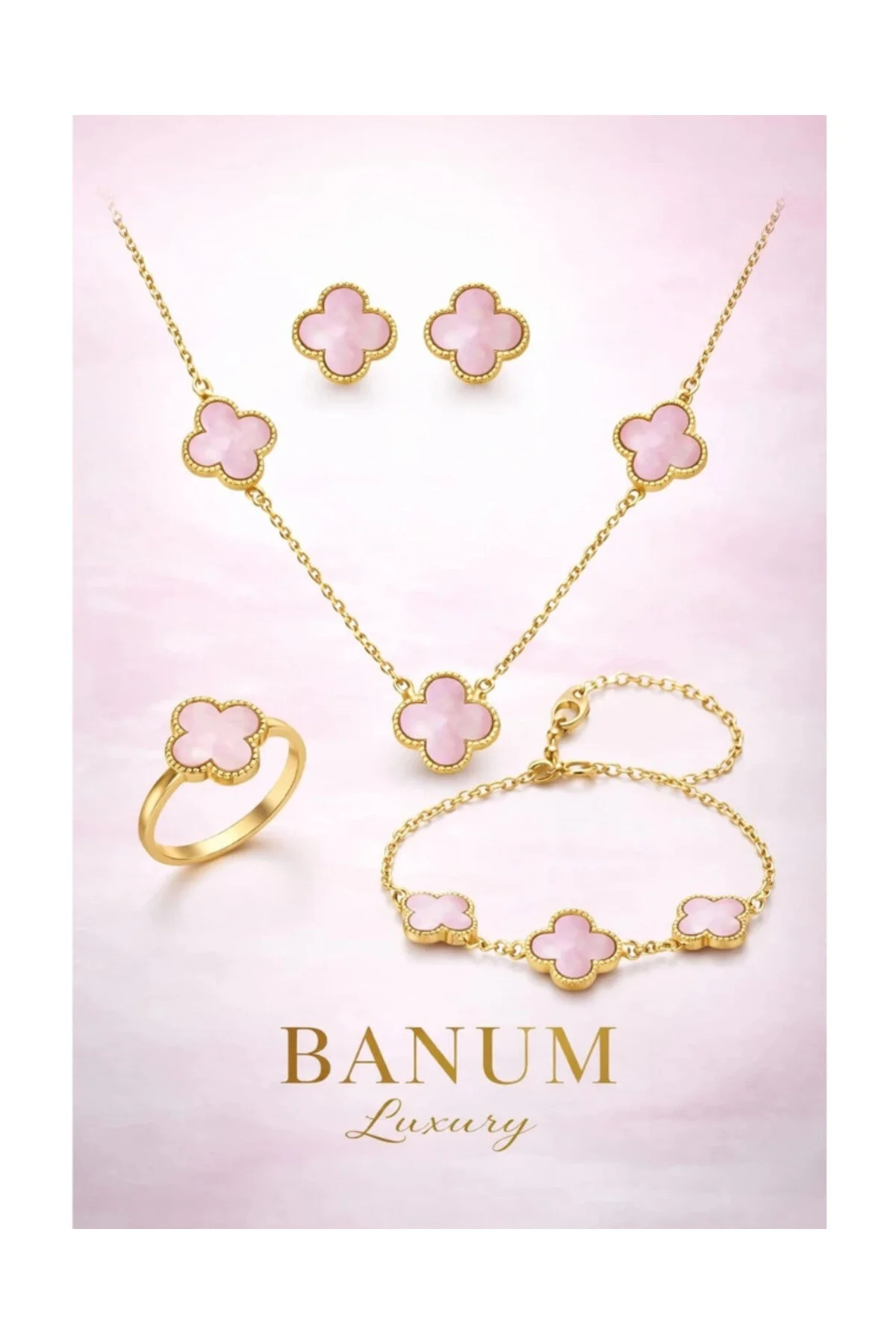 Banum Luxury Çelik Yonca Van Cleef Temeli 4 Set Altın - Pembe