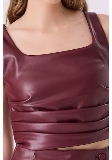 Fever Büzgülü Deri Kadın Crop Bluz 342114029 Bordo