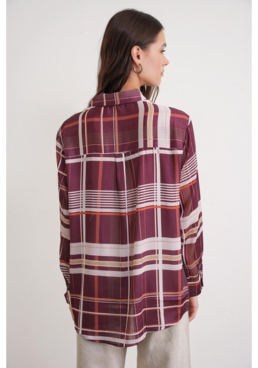 4751 Kadın Ekose İnce Saten Gömlek Bordo Bordo