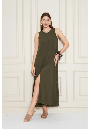 Kadın Sıfır Kol Aerobin Kumaş A Kesim Yırtmaçlı Maxi Yazlık Elbise 3760330 Haki