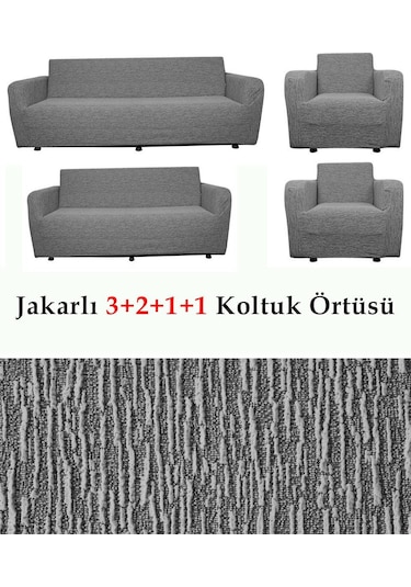StarMall Jakarlı Çubuk, Düz Desen 3 2 1 1 Lastikli Koltuk, Kanepe, Çekyat Örtüsü, Kılıfı Esnekli Gri