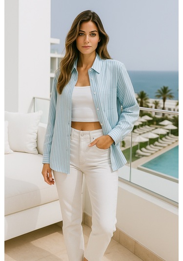 Kadın Çizgili Oversize Gömlek Açık Mavi Beyaz Pamuk Gömlek Açık Mavi