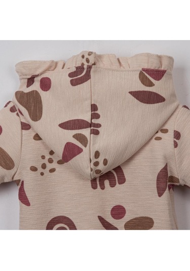 Fırfır Kapşonlu Desenli Patiksiz Tulum Bej