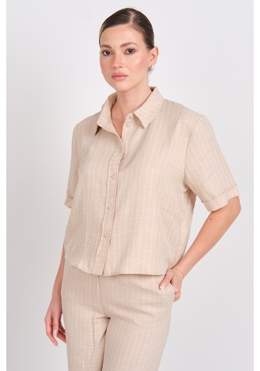 Jdy Kadın Jdypower Çizgili Kısa Kollu Gömlek 15347235 Bej Bej