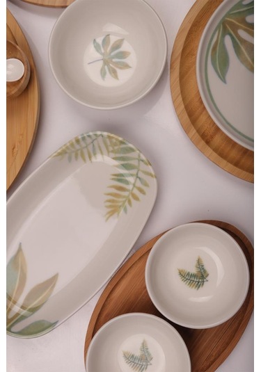 Atbyhome Dawn 6 Kişilik 42 Parça Doğal Bambu Porselen Kahvaltı Takımı Kahvaltı Seti Sunum Seti Beyaz