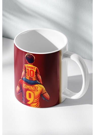 Kişiye Özel Sarı Kırmızı, Taraftar Baba Oğul, Aslan Figür Tasarımlı Baskılı Hediye Kupa Bardak Kırmızı