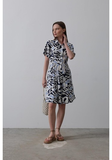 Baskılı Keten Elbise - Lacivert Çok Renkli