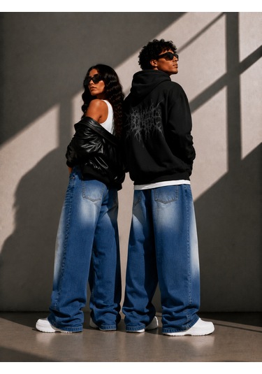 St.poll Unisex Baggy Jean Pantolon Mavi